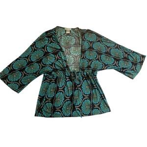 KOKOON Size M Floral Kimono Blouse Batwing Dolman Sleeve Drawstring Waist